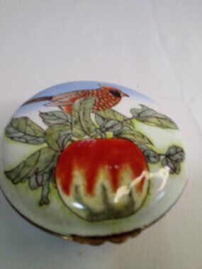 Vintage Hinged Trinket Jewelry Box Enamel Bird Leaves Asian